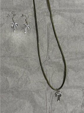 Palm Tree Charm Necklace and Earring Set - Olive Green Cord
